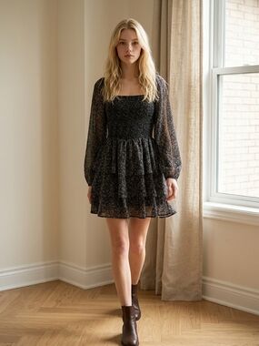 entro Black Floral Smocked Square-Neck Tiered Mini Dress